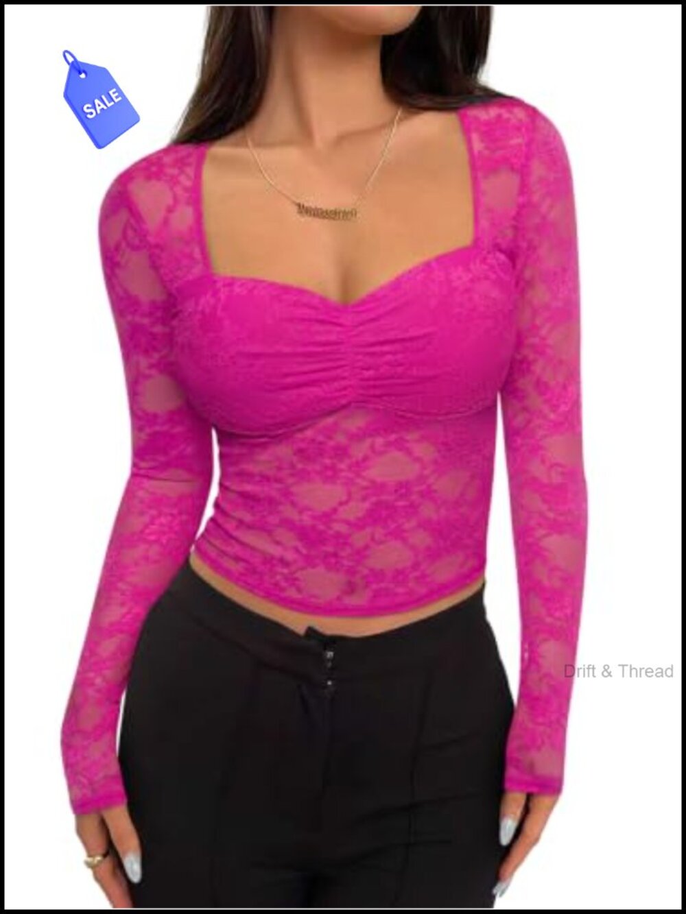 Sheer Mesh Long Sleeve Top Floral Lace Square Neck Fitted Blouse